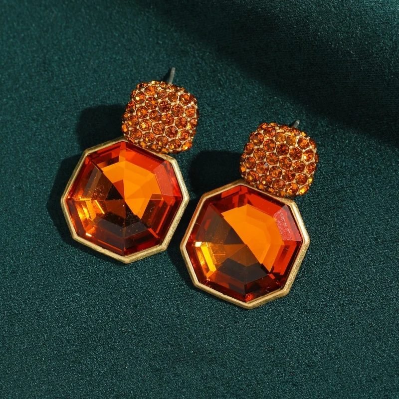 

Vintage Octagonal Champagne Crystal Earrings Gold Color Trendy Art Deco Jewelry For Woman Luxury Antique Brand High Quality Gift