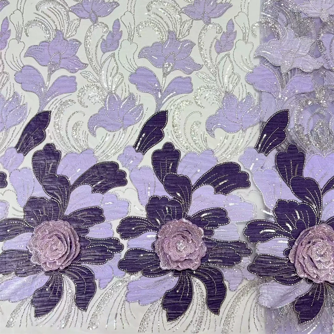 African Purple 3D Flower Applique Embroidery Sequin Bead Lace Fabric Tulle High Quality Fabric for Wedding Party Dress Sewing