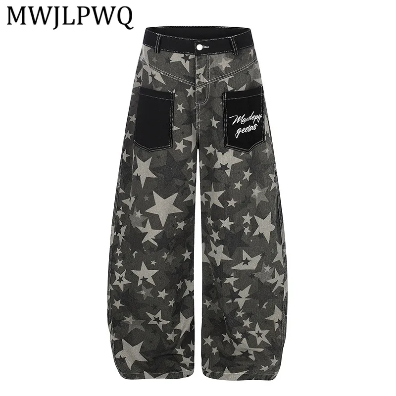 

MWJLPWQ American Retro Pocket Patchwork Camouflage Cargo Jeans For Men New Summer Style Loose Straight-Leg Curved Pants 14837