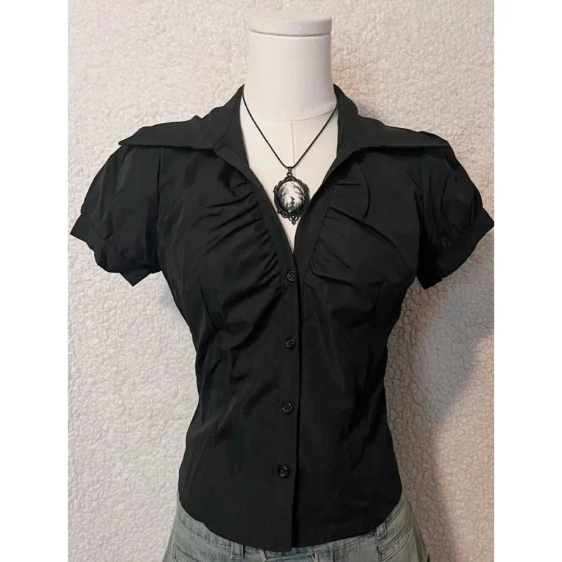 

Deeptown Black Short Sleeve Shirts Women Vintage Elegant Aesthetic V Neck Korean Fashion Slim Blouses Sexy Classic Casual Top