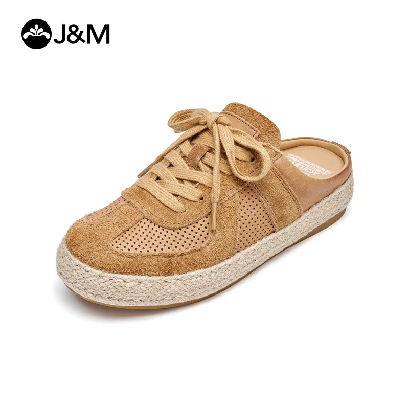 J&M Genuine Cow Leather Mules Women 3cm Platform Slip On Closed Toe Backless Breathable Casual Clogs Arch Support Walking Shoes