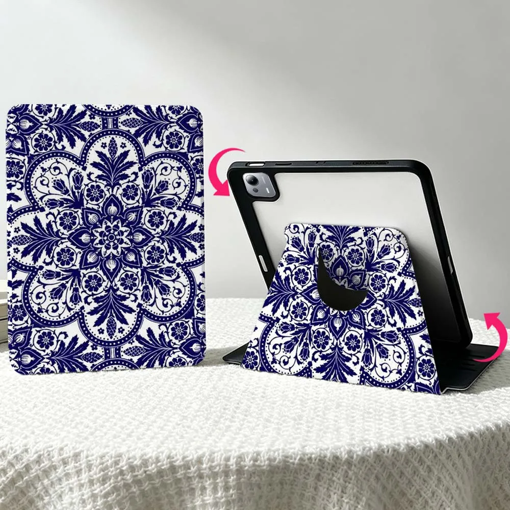 Blue Mandala Pattern Soft For Xiaomi Mi Redmi Poco Pad 8 7 7S 6 6S 5 SE Pro Ultra 360° Rotation Stylus Storage Tablet Case