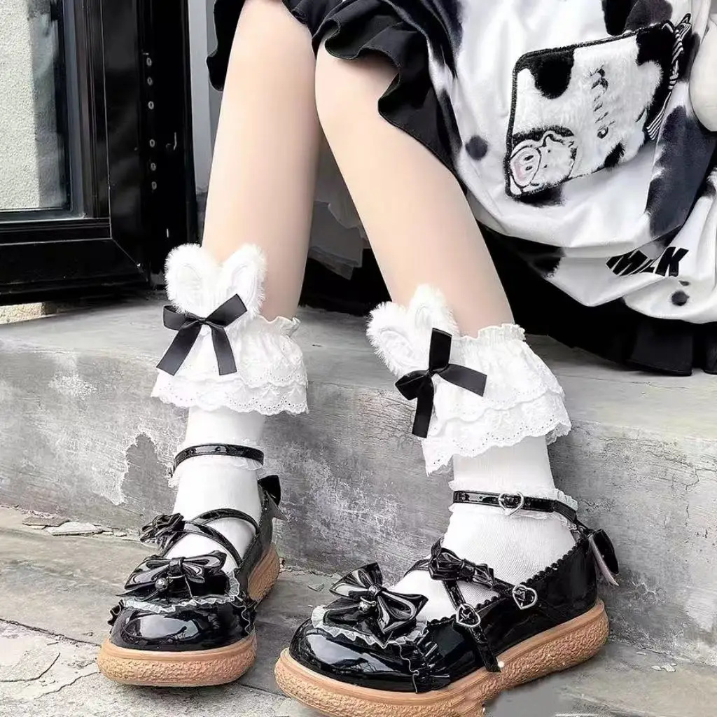 2026 Ladies New Socks Harajuku Lolita Sweet Rabbit Ear Socks Women Summer JK Bow Short Socks Lolita Lace Large Lace Sweet Socks