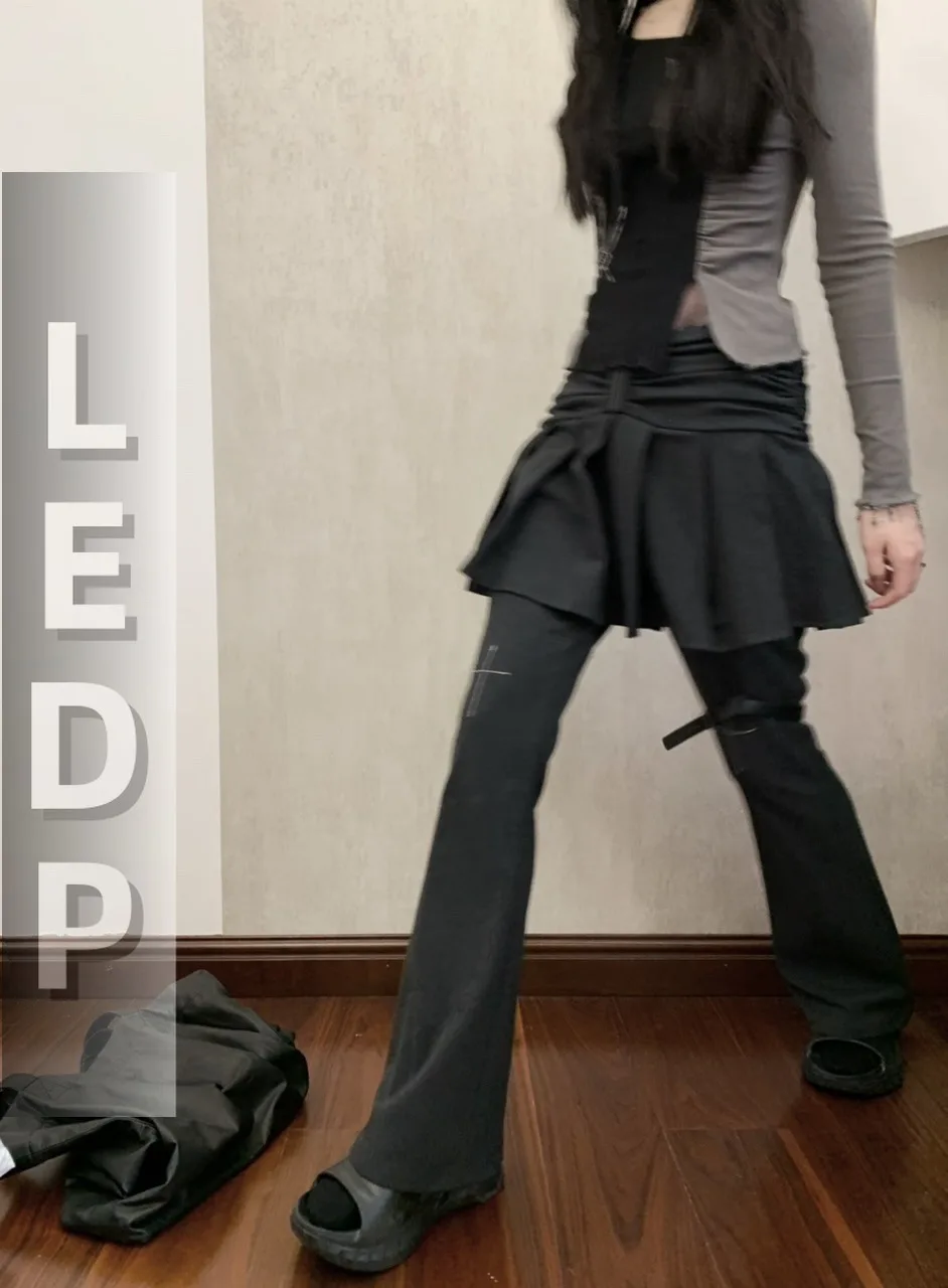 IMU FinderMond Harajuku Artist Women Designer Faux 2pcPunk Hip Hop Cross Pleated Skirt Pant Long Flare Trousers Grey Gothic Capr