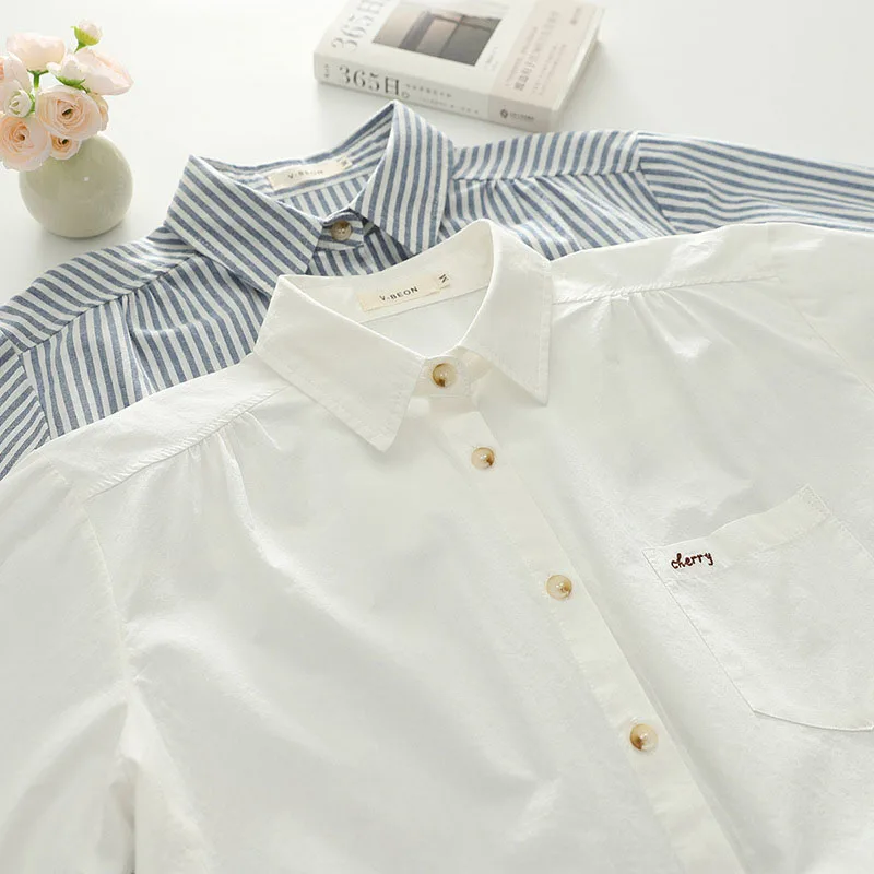 

2025 Autumn New Korean Commuter Shirt Female Pocket Embroidered Simple Single Breasted Long Sleeve Shirt Women's Cotton Top S180