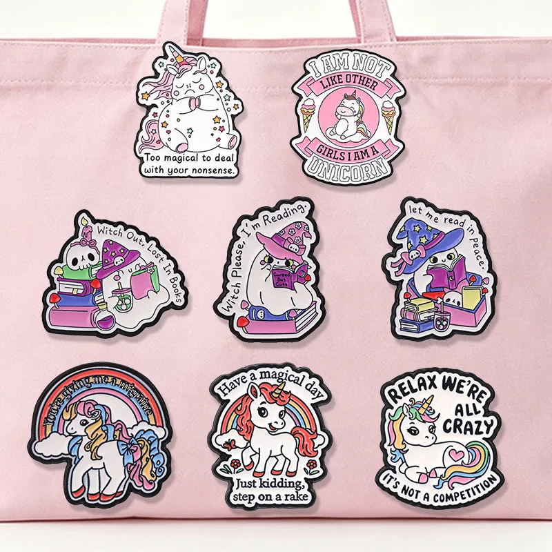 Cute Rainbow Unicorn Reading Ghost Enamel Badge Sarcastic Text Lapel pin Kawaii Decorative brooch Pack For Bag Accessory Gift