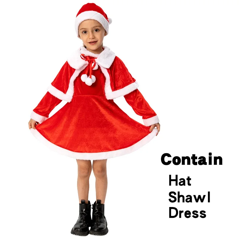 Christmas Costume Dress For 4-12 Years Girls New Year Eve Party Clothes Outfits with Hat Cape Daughter Niece Birthday Gift