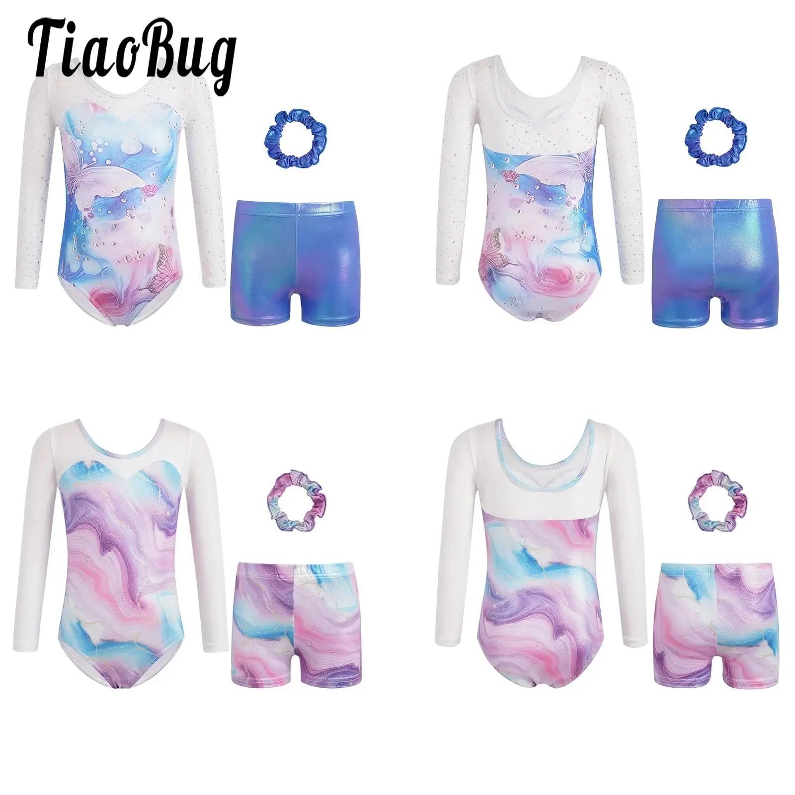 

Kids Girls Rhythmic Gymnastics Figure Skating Ballet Outfit Performance Costume Long Sleeve Metallic Leotard And Shots Hairband