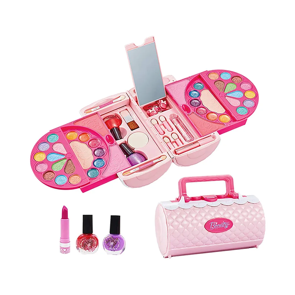 Portable DIY Kid Make Up Toy Beauty Safe Easy Remove Wash Cosmetic Nail Polish Palette Set Case Girl Pretend Gift for Toddler