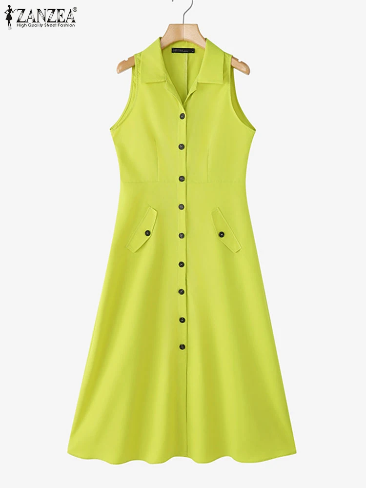 ZANZEA Women Sleeveless Dress Fashion Office Lady Sundress Summer Party Long Vestidos 2025 Bohemian Solid Casual Lapel Neck Robe