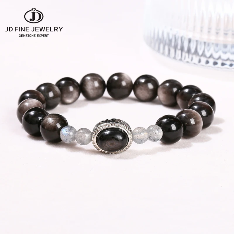 JD Natural Stone Silver Color Obsidian Hypersthene Magic Box Strand Bracelet Women Men Fashion Charm Handmade Stretch Jewelry