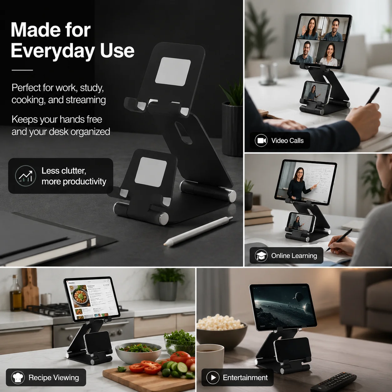 2-in-1 Dual Layer Adjustable Aluminum Foldable Tablet&Phone Stand Desktop Portable Holder Cradle for iPad iPhone Android