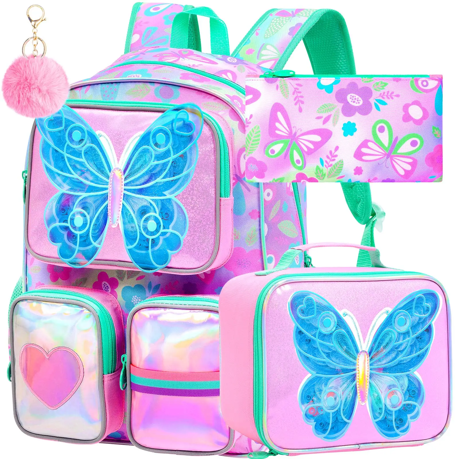 3PCS 16in Girls Backpack Set, UV Print Fingerprint Butterfly School Bookbag with Handbag & Pencil Case