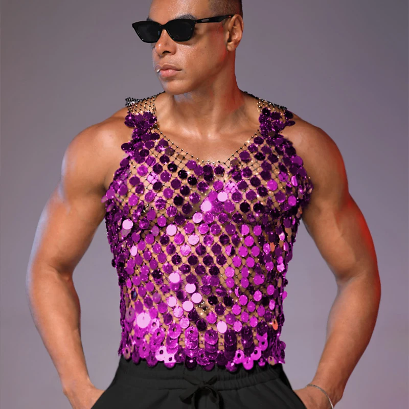 Men Metallic Sequin Vest Sexy Fishnet Shiny Muscle Tank Top Party Bar Club Clothes Sleeveless T-Shirt Fashionable Model Perform