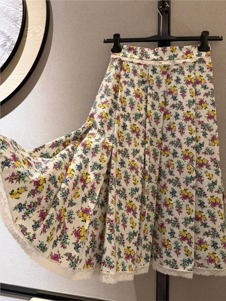 Luxury! 100% Cotton Women's Floral Midi Skirt High Waist A-line Lace Trim Skirt Minimalist Resort Wear Premium Quality