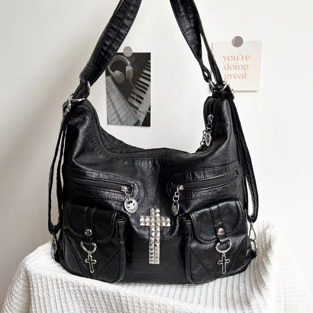 Multi-Pocket Soft Leather Women's Bag Original Cross Decor Message Bags Spice Girl Black Tote Bag Shoulder Bag