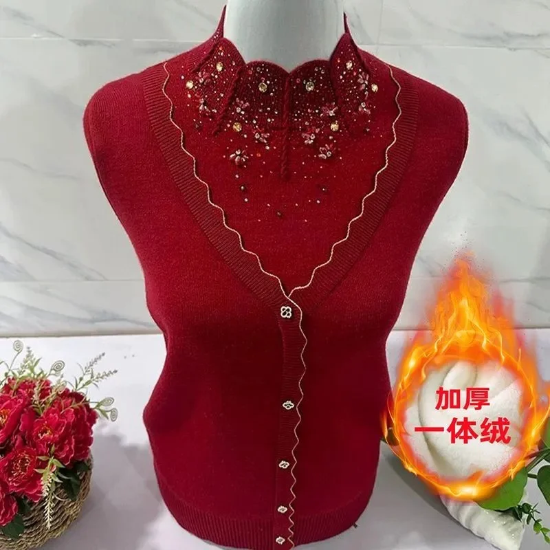 

Зимний женский вязаный свитер с полувысоким воротником 2025 г., женский свитер большого размера 6XL, куртка среднего возраста для мам с длинными рукавами и вышивкой