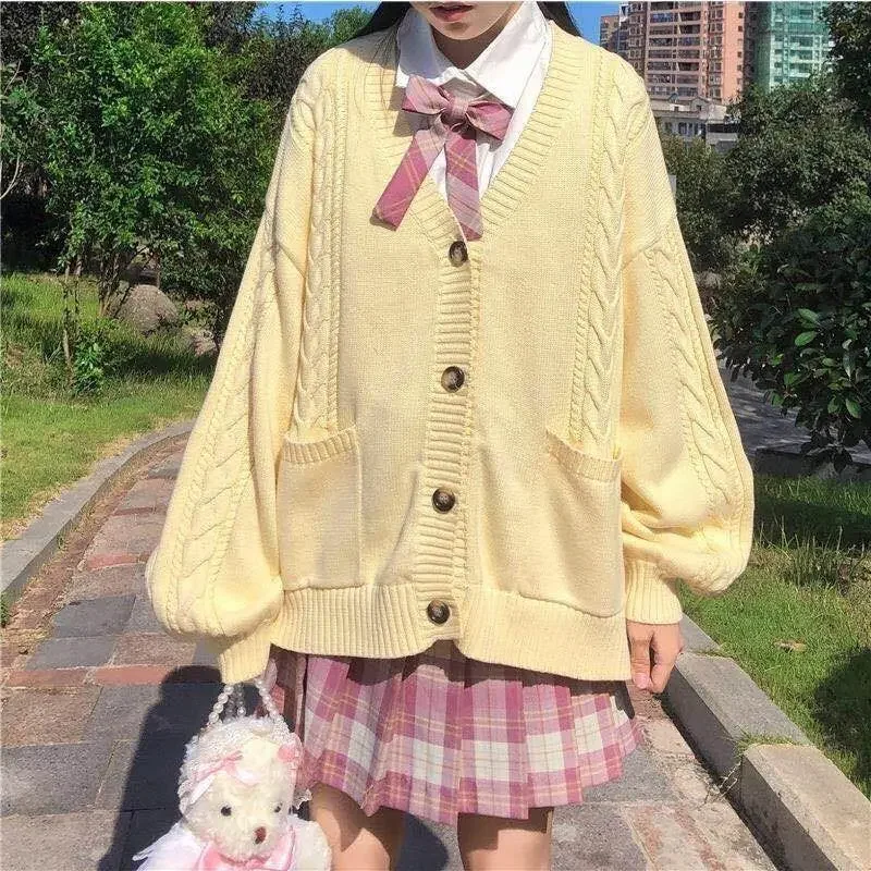 New Autumn and Winter Sweaters Women Loose Japanese Style Sweet Knitted Cardigans White/Yellow Oversize Cute Knitwear Female