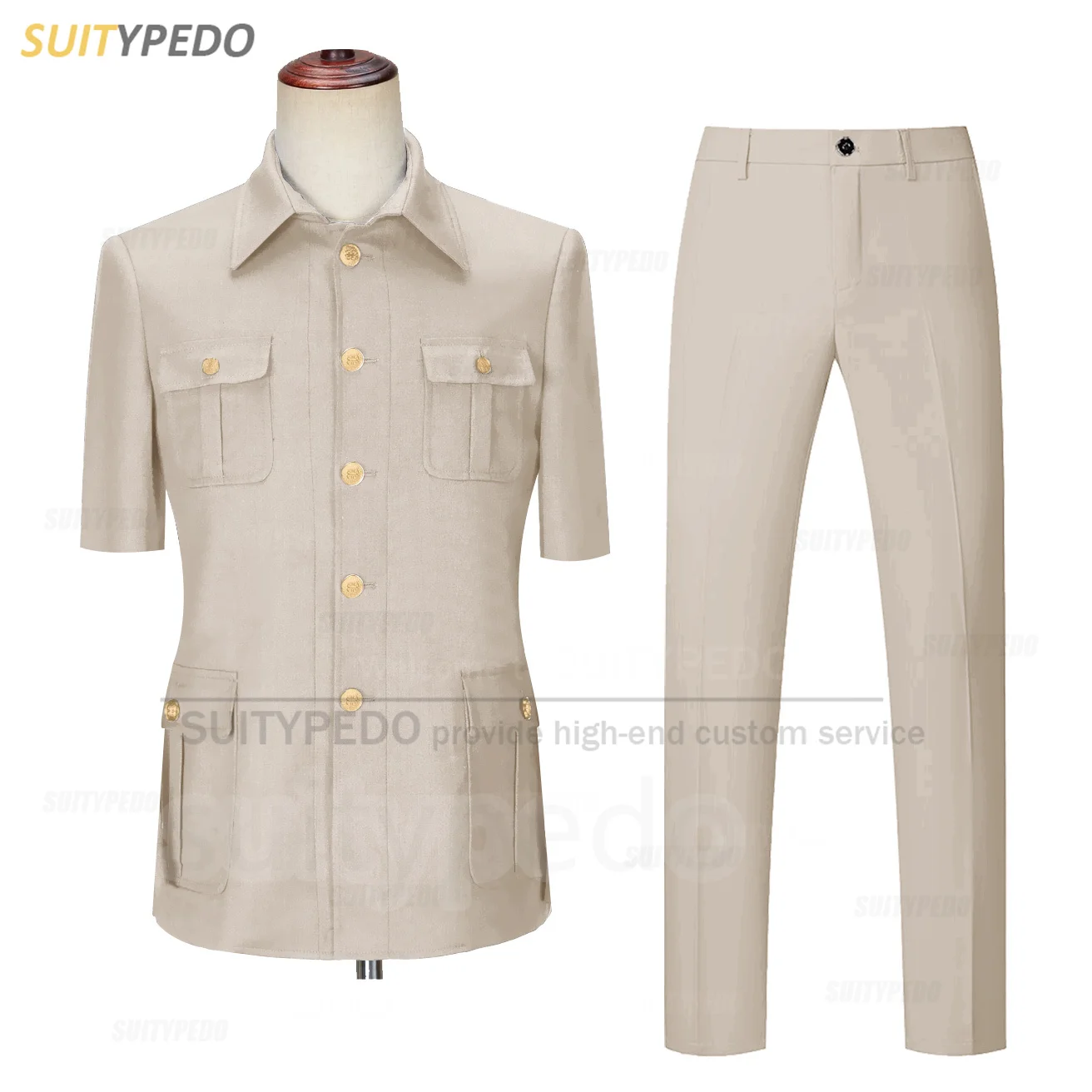 

Beige Short Sleeved Men Suit Sets Formal Slim Fit Chinese Tunic Suit Business Outfits New Evening Dinner Blazer Pants 2 Pieces