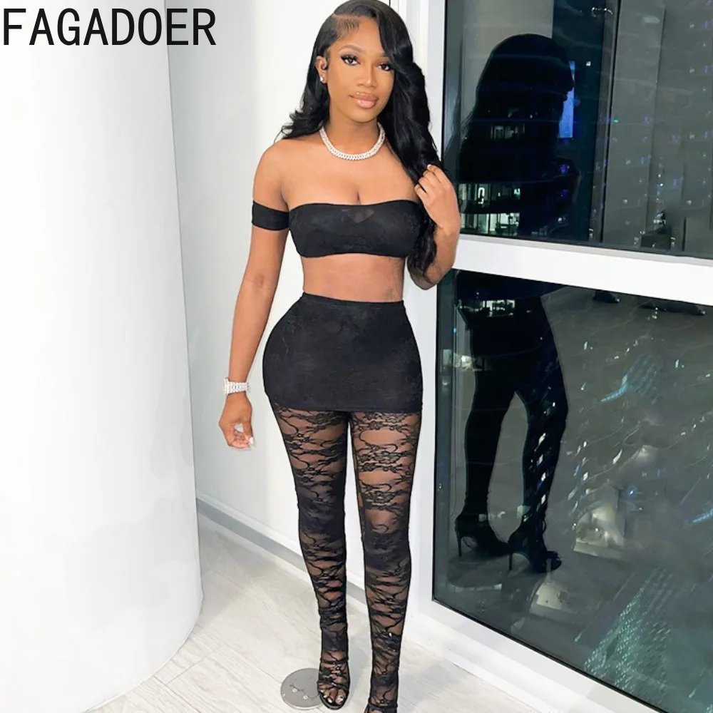 

FAGADOER Sexy Lace Splicing Off Shoulder Perspective Two Piece Sets Women Short Sleeve Crop Top + Skinny Pants Nightclub Outfits