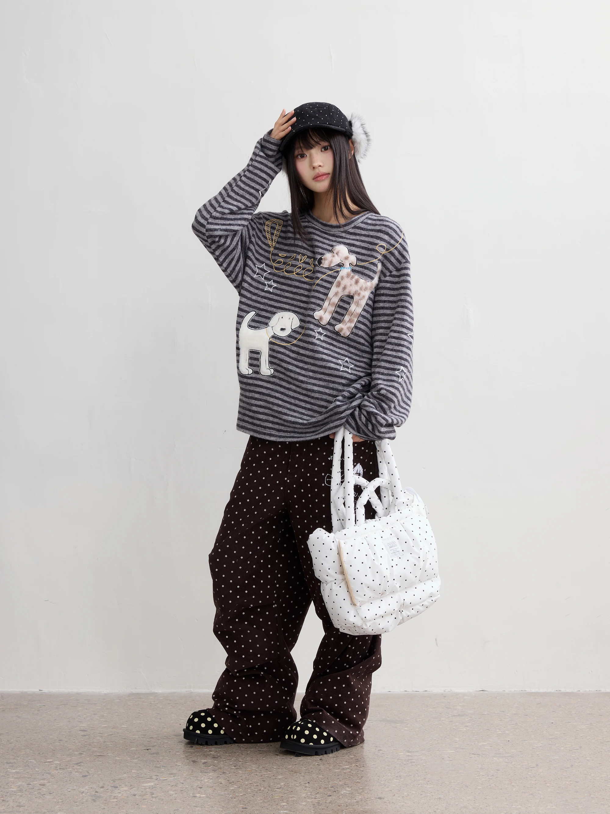 EeeeArtmonster Long Sleeve T-Shirt Dog Patchwork Embroidery Faux Fur Graffiti Design Breathable Youth Casual Cotton Tee