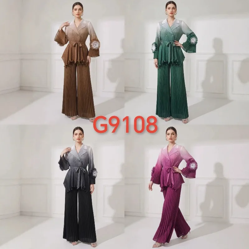 Miyake Pleated Pants Set Plisse Women 2026 Autumn New Plus Size Set Pleats Gradient Color Loose Elegant Casual Fold 2-Piece Set