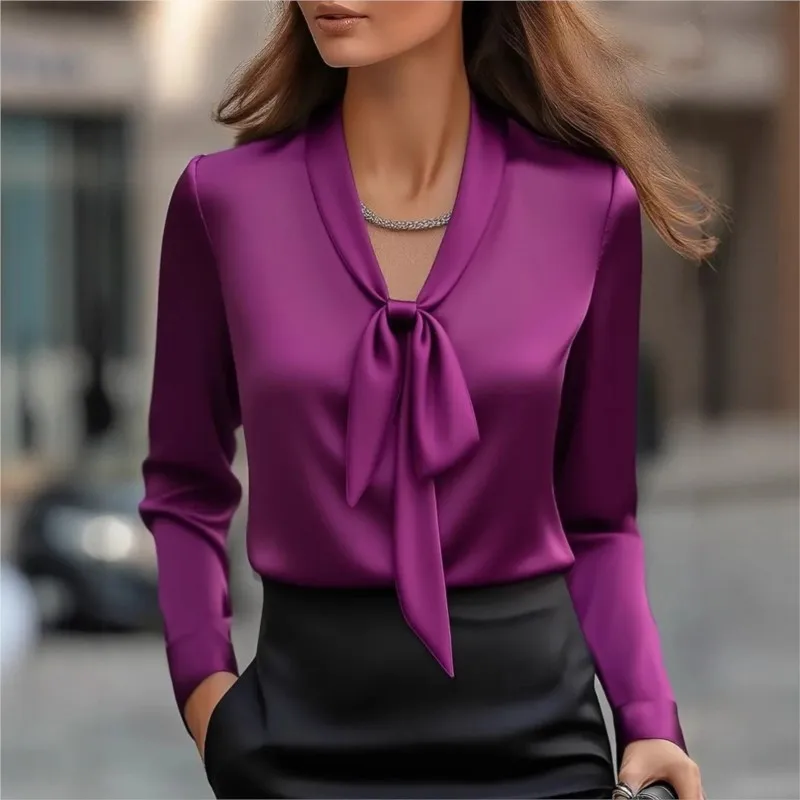 

Temperament Long Sleeve Blouse Women Spring Autumn Winter Elegant Solid Collar Bow V-neck Casual Blouses & Shirts Female 2025