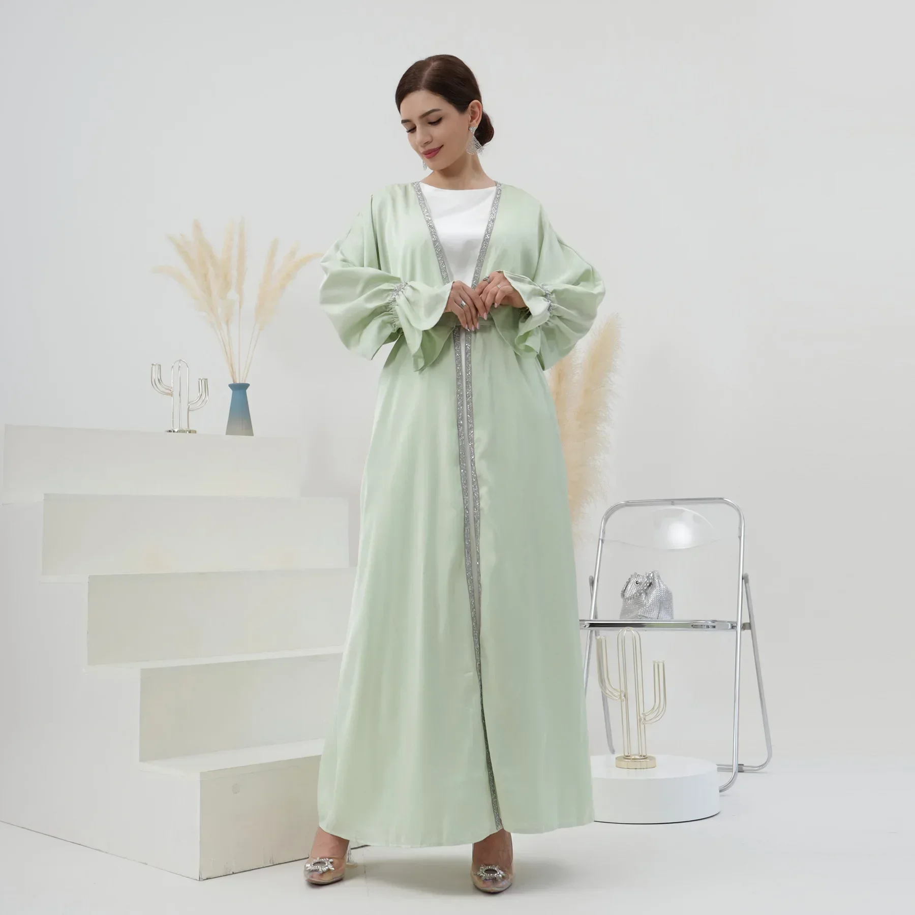 Open Abaya Kimono Turkey Satin Abayas for Women Dubai Plain Flare Sleeve Beads Muslim Dresses African Islamic Outfit Kaftan Robe