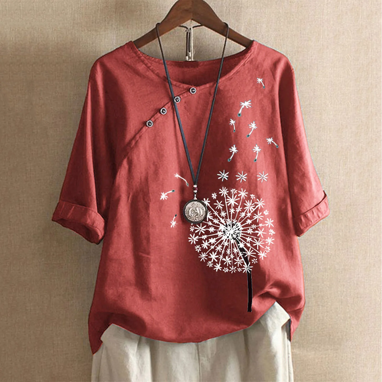 Plus Size 5XL Dandelion Print Women Blouses 2023 Summer Cotton Linen Blusas Casual Half Sleeve Shirt Retro Ladies Tops Tunics