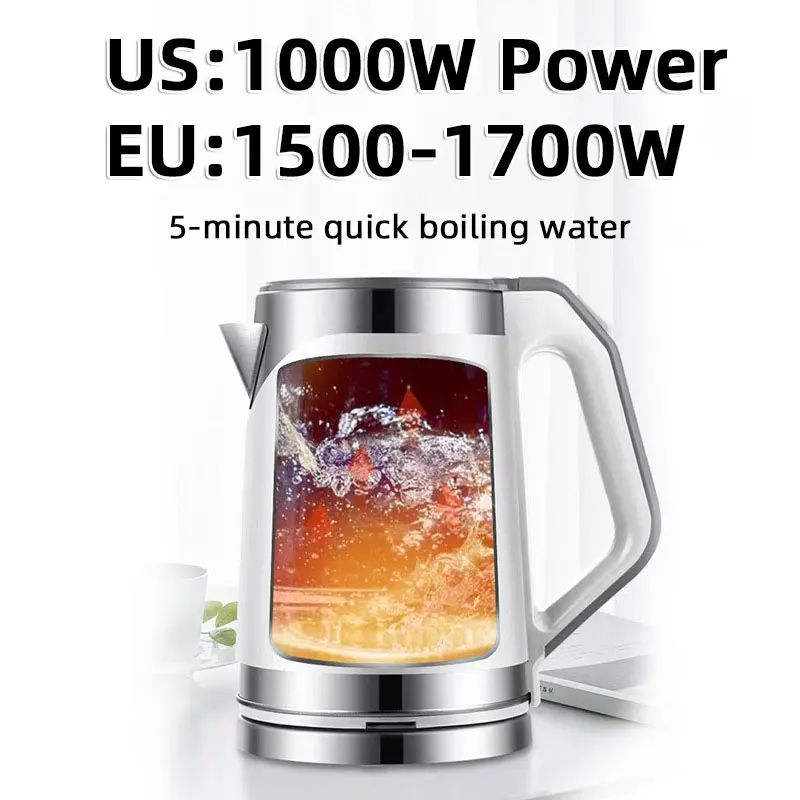 Teko listrik 2ลิตร110V1000W 220V1500-1700W น้ำเดือดเร็วการปิดเครื่องอัตโนมัติการป้องกันการลวกสองเท่าเกรดอาหาร304