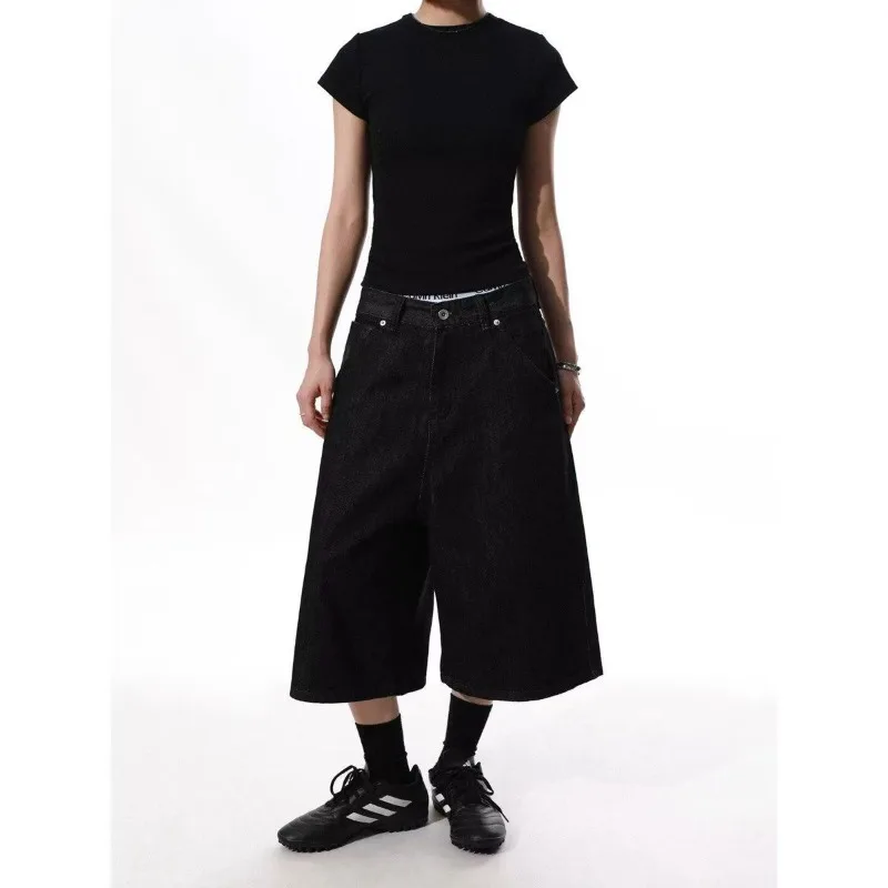 Summer Women's Bright Line Embroidery Shorts High Waist Wide Leg Half Pants Female Streetwear Unisex Calf-length Trousers