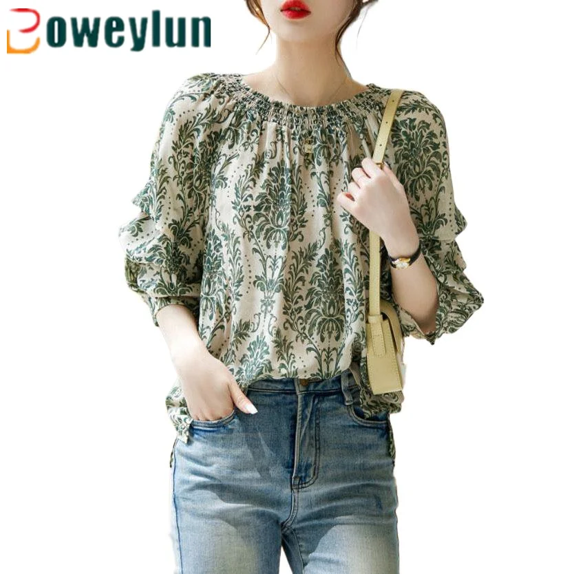 Boweylun Floral One Neck Women's Seven Sleeve T-Shirt Summer French Lantern Sleeve Loose Off-Shoulder Top