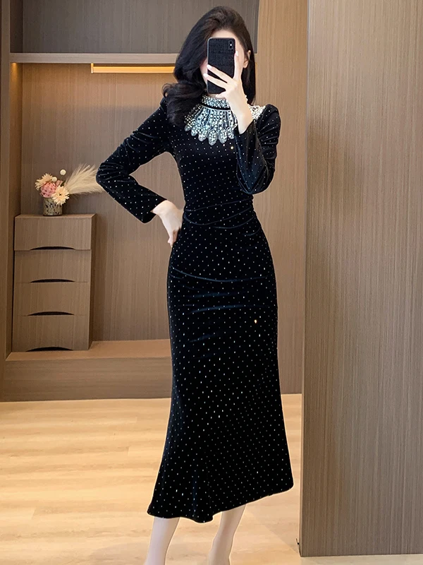 

Elegant Long Sleeve Fish Tail Dress Women's Autumn Fashion Slimming Gown Side Zipper High Collar PVC Fabric Lady's Dress