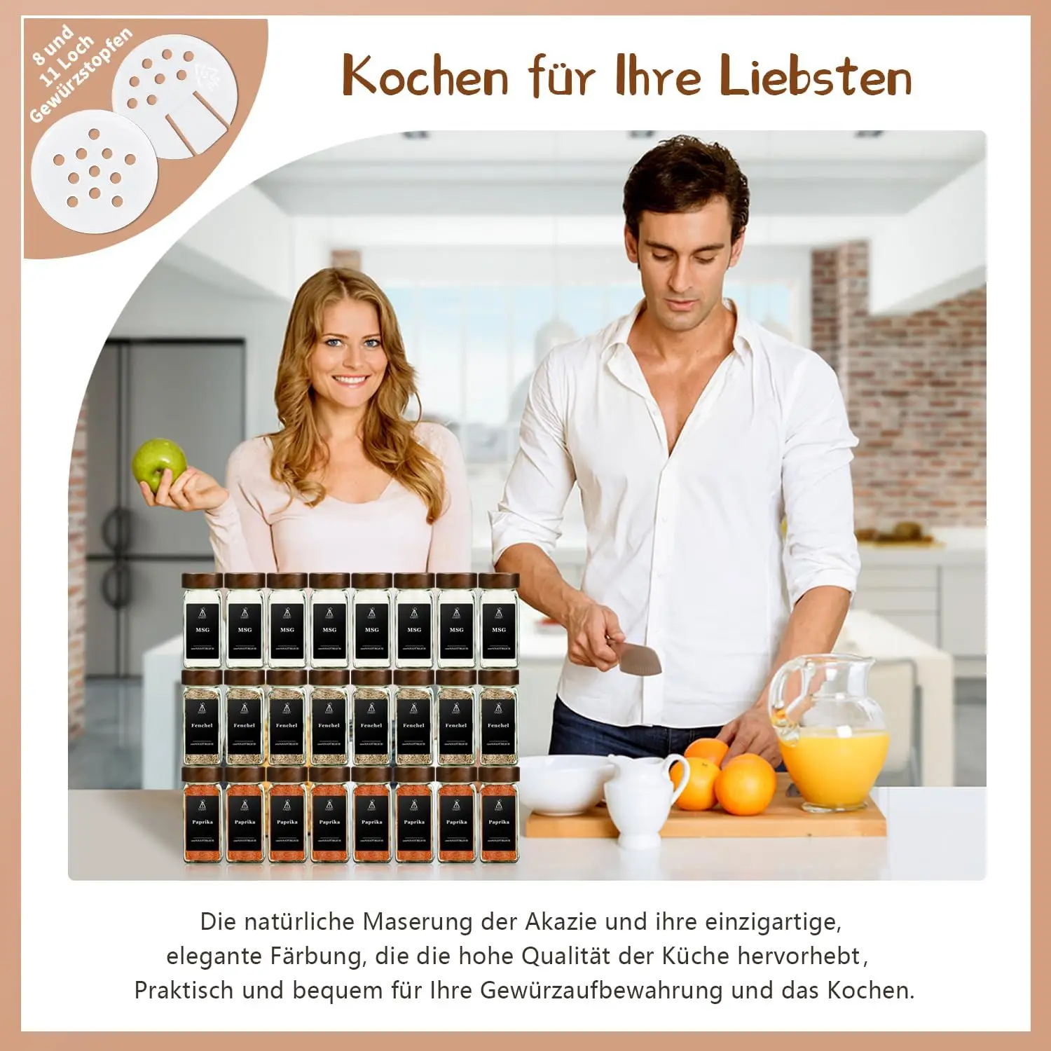 SAEIV Quadratische gewürzgläser mit Akazienholzdeckel | 120 ml Gewürzbehälter aus Glas | Set enthält Etiketten, Trichter, Reinigungsbürste und Stift | Luftdicht und auslaufsicher | BPA-frei | küchen organizer – Detail 10
