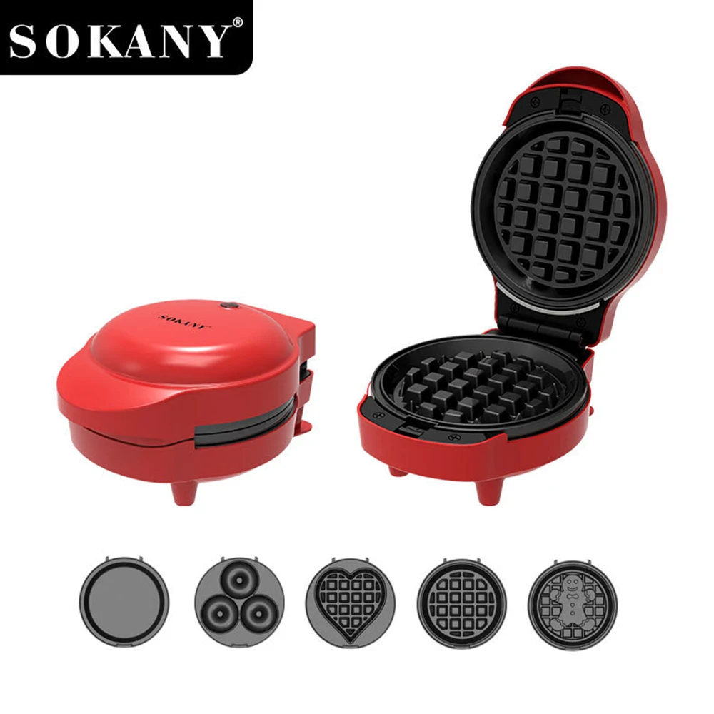 Electric Waffle Maker, 5 Removable Plates for Mini Waffles, Doughnuts, Pancakes or Eggs, Non-stick Pancakes Are Easy To Clean