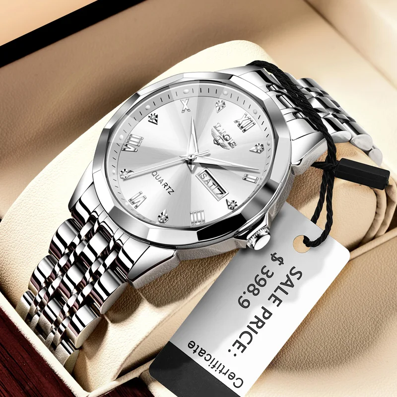 

LIGE Роскошные деловые мужские наручные часы, водонепроницаемые светящиеся мужские часы из нержавеющей стали, дата, неделя, модные кварцевые мужские часы + коробка