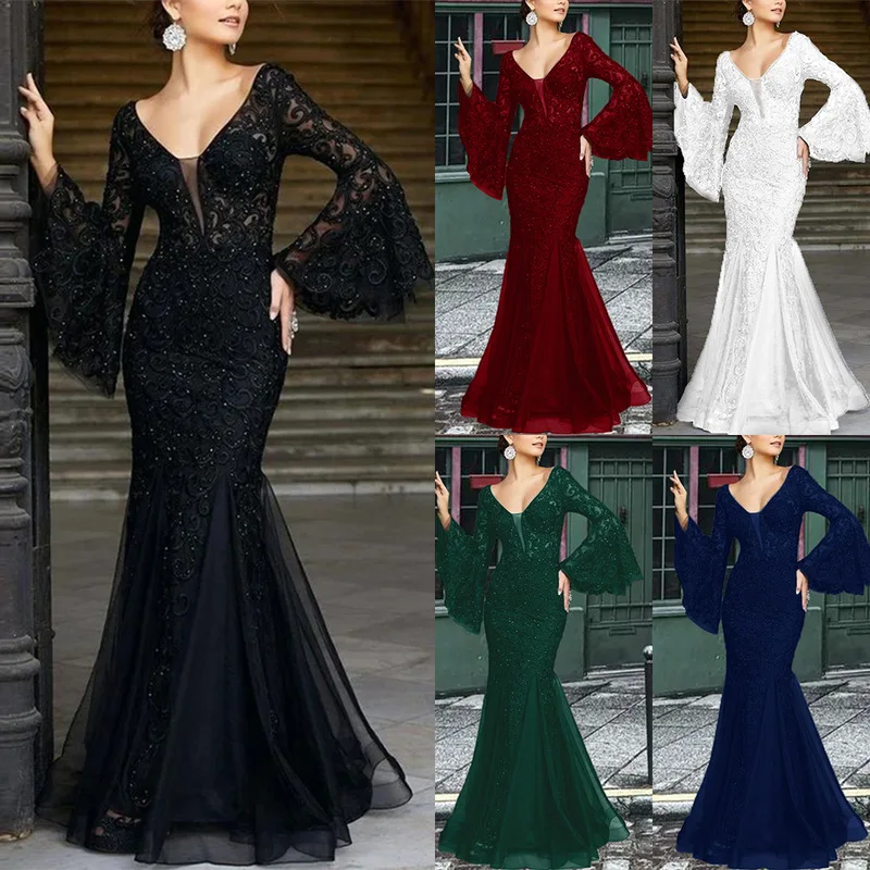 Abito da sera lungo elegante da donna, sexy, con maniche a campana, ricamo in pizzo, vita alta, vestito lungo, per invitati a matrimoni, feste formali