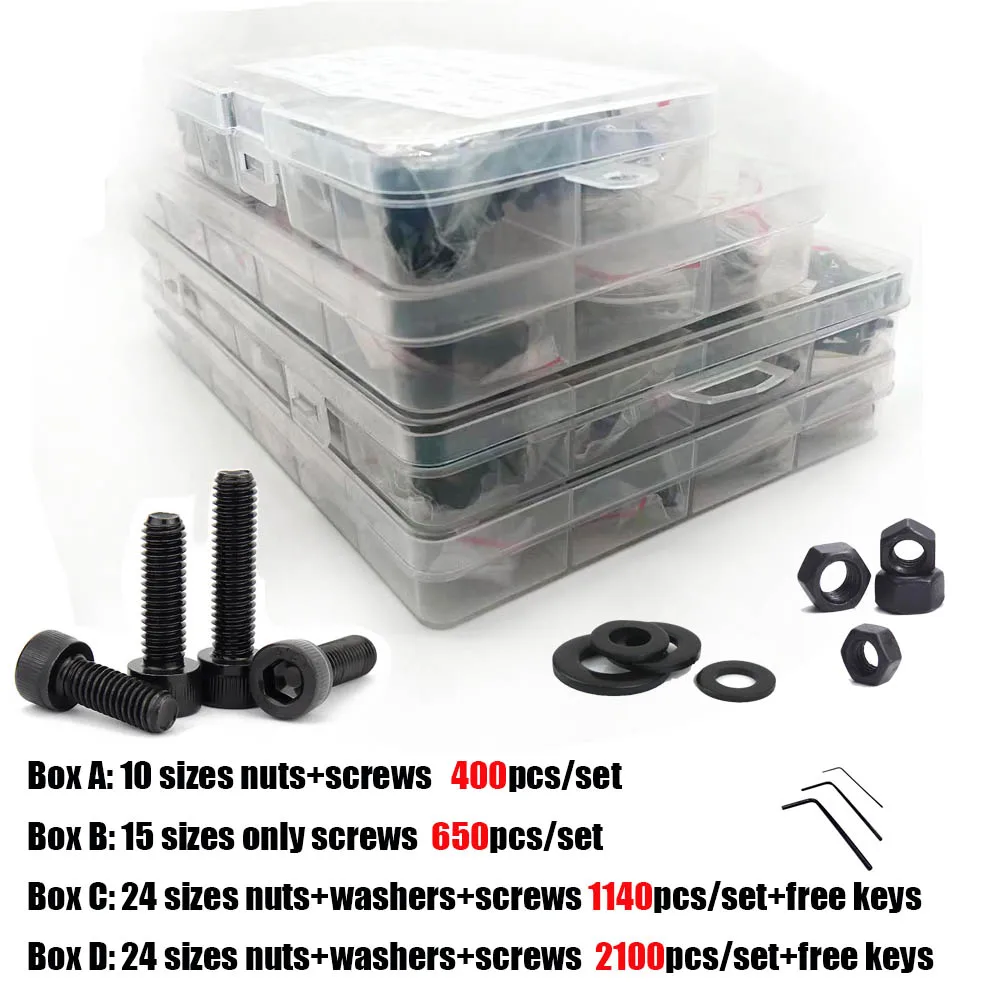 400/2100Pc M1.6 M2 M3 M4 M5 Black12.9 Grade Steel Allen Hexagon Hex Socket Cap Head Screw Bolt Nut Washer Set Assortment Kit Box