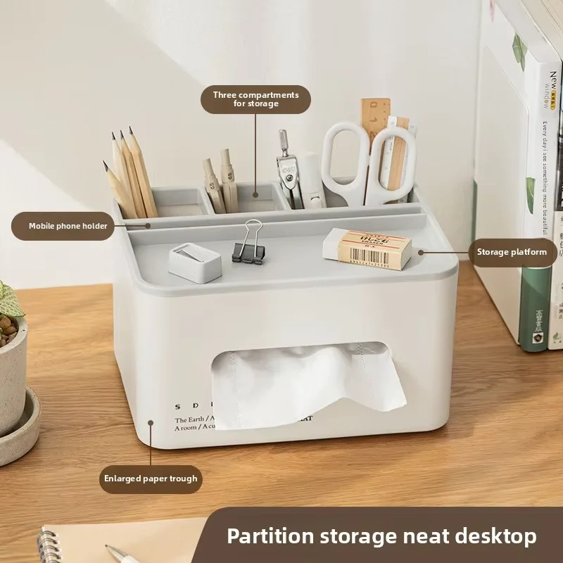 Kunststoff-Taschentuchbox-Halter – Schreibtisch-Organizer mit Telefonständer, Aufbewahrungsfächern, platzsparender Papierfach für Taschentücher, Telefone