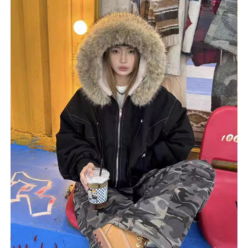 Winter Faux Collar Hooded Short Cotton Coats Tops Thicken Warm Fashion Fleece Lined Parkas Casual Chaquetas Korea Women Jackets