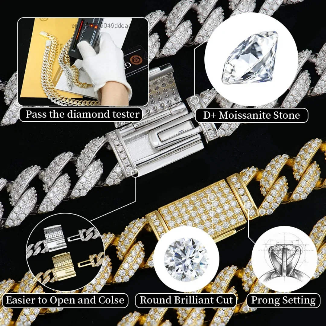 Durable Custom Men Hiphop 10mm 18K White Gold Rhodium Plated 925 Sterling Silver Iced Mossanite Brilliant Cut Cuban Necklace..