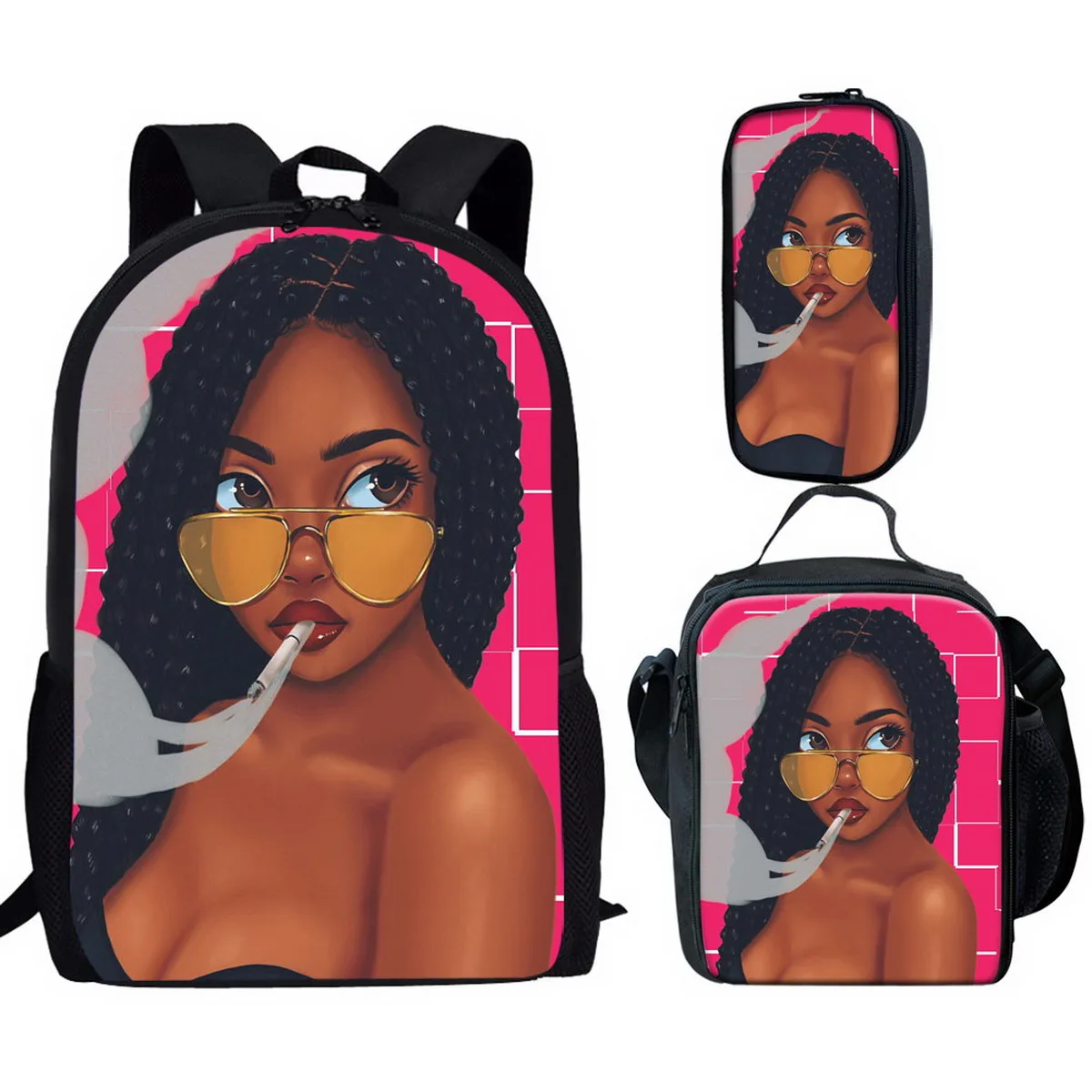 Classic Popular Novelty African girl 3D Printed 3pcs/Set pupil School Bags Laptop Daypack Backpack Lunch bag Pencil Case
