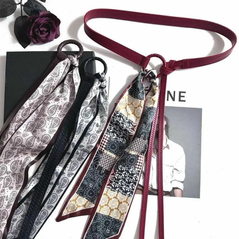 

Red Silk Scarf Belt Women's Decorative Hip Hop Punk Retro American Sle Belt For Denim Jeans Floral Tassel PU Leather Belt