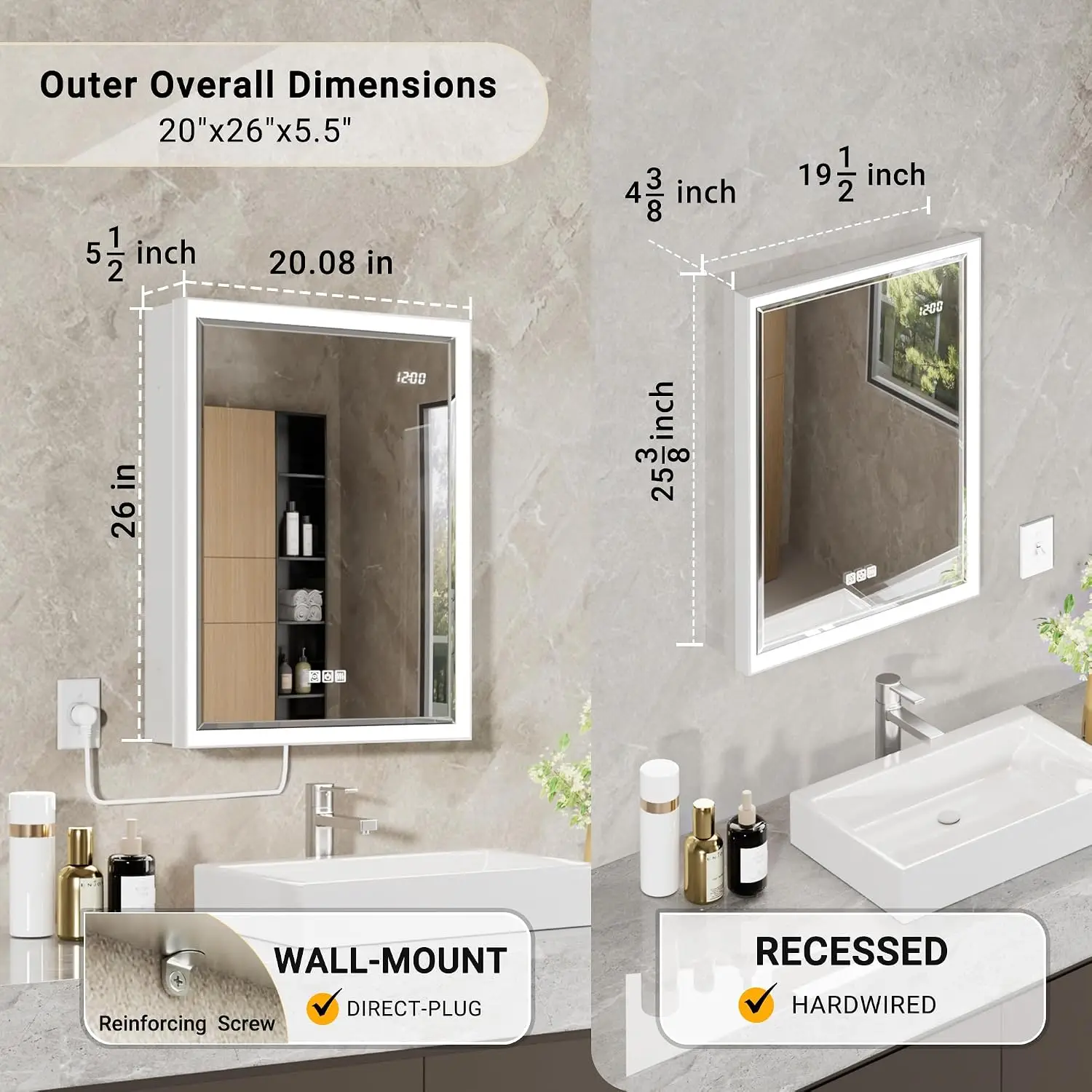 20x26 Lighted Medicine Cabinet with Beveled Mirror & Clock, Surface or Recessed Mirrored Medicine Cabinet with Dimmable Light