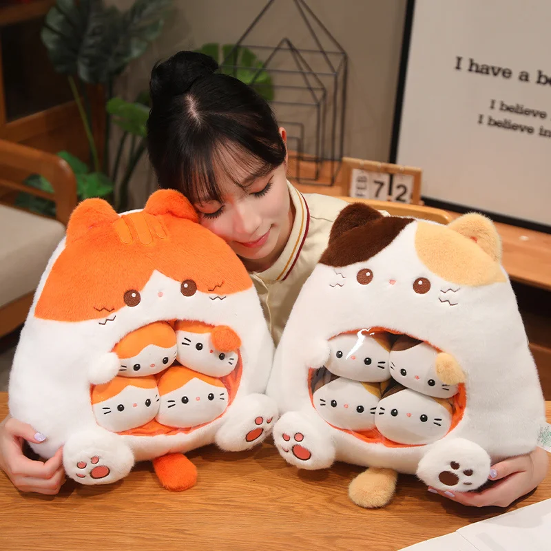 About 35cm Cartoon Cat Snack Pack Dolls Lovely Plush Cat Pillow Contain 4 Kitten Toys Creative Birthday Christmas Gift