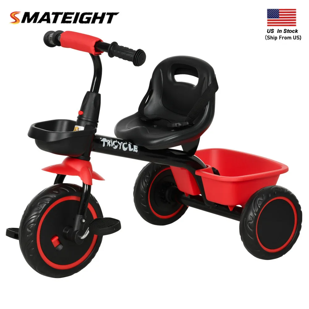 

Трехколесный велосипед для малышей 2-5 лет с регулируемым сиденьем, детский велосипед с корзинами для хранения для девочек и мальчиков, красный