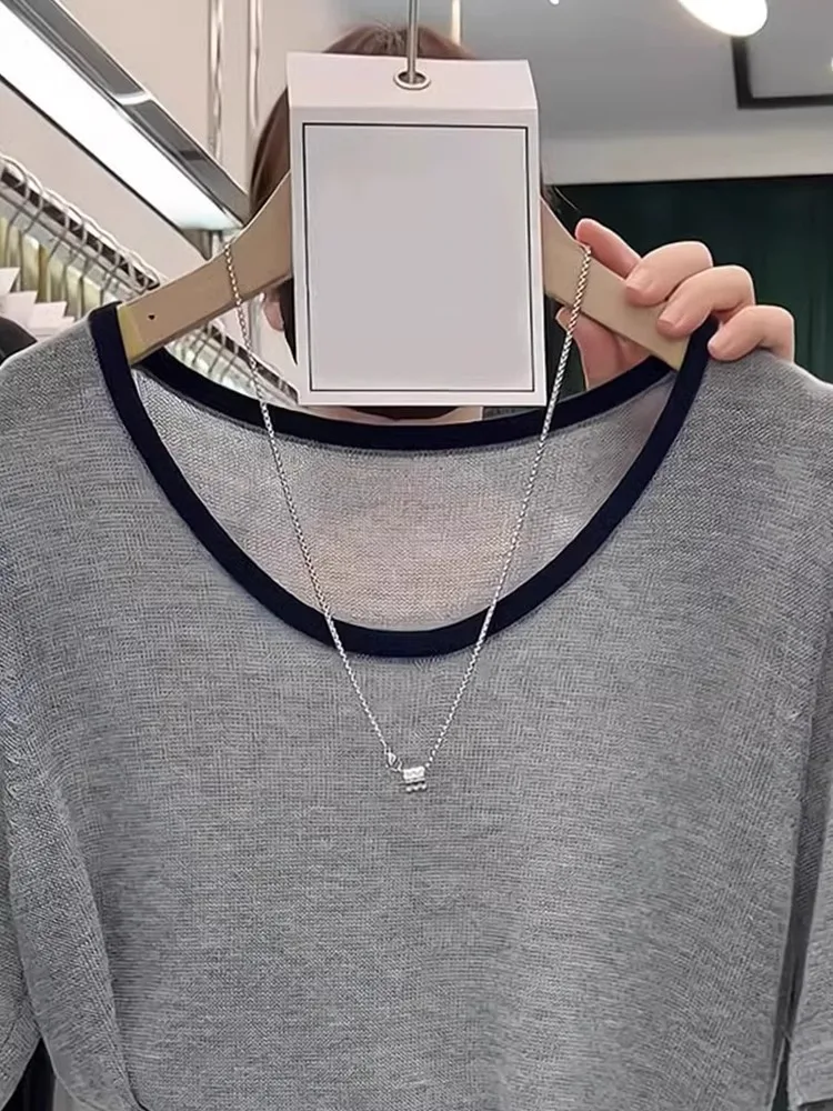 Faionable Korean Sle Ice Silk Knitted ort Sve round Ne Color Blo Top Commute Friendly Summer T-irt Women's Kni...