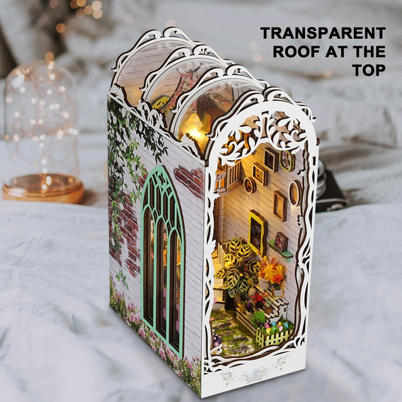 Kreative 3D Blume Zimmer Buch Stehen Zusammengebaute Gebäude Kits Modell mit Lichtern Holz Puzzles Desktop Dekoration Spielzeug Geschenk für Kind
