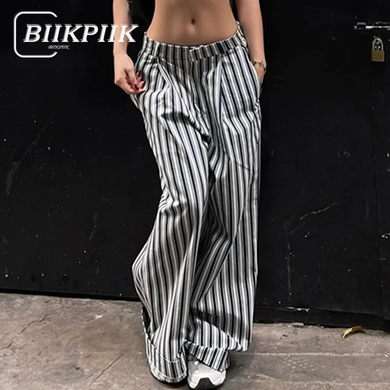 

BIIKPIIK Black White Striped Print Women Casual Pants Fashion Low Waist Cargo Pants All-matched Straight Trousers Spring Outfits