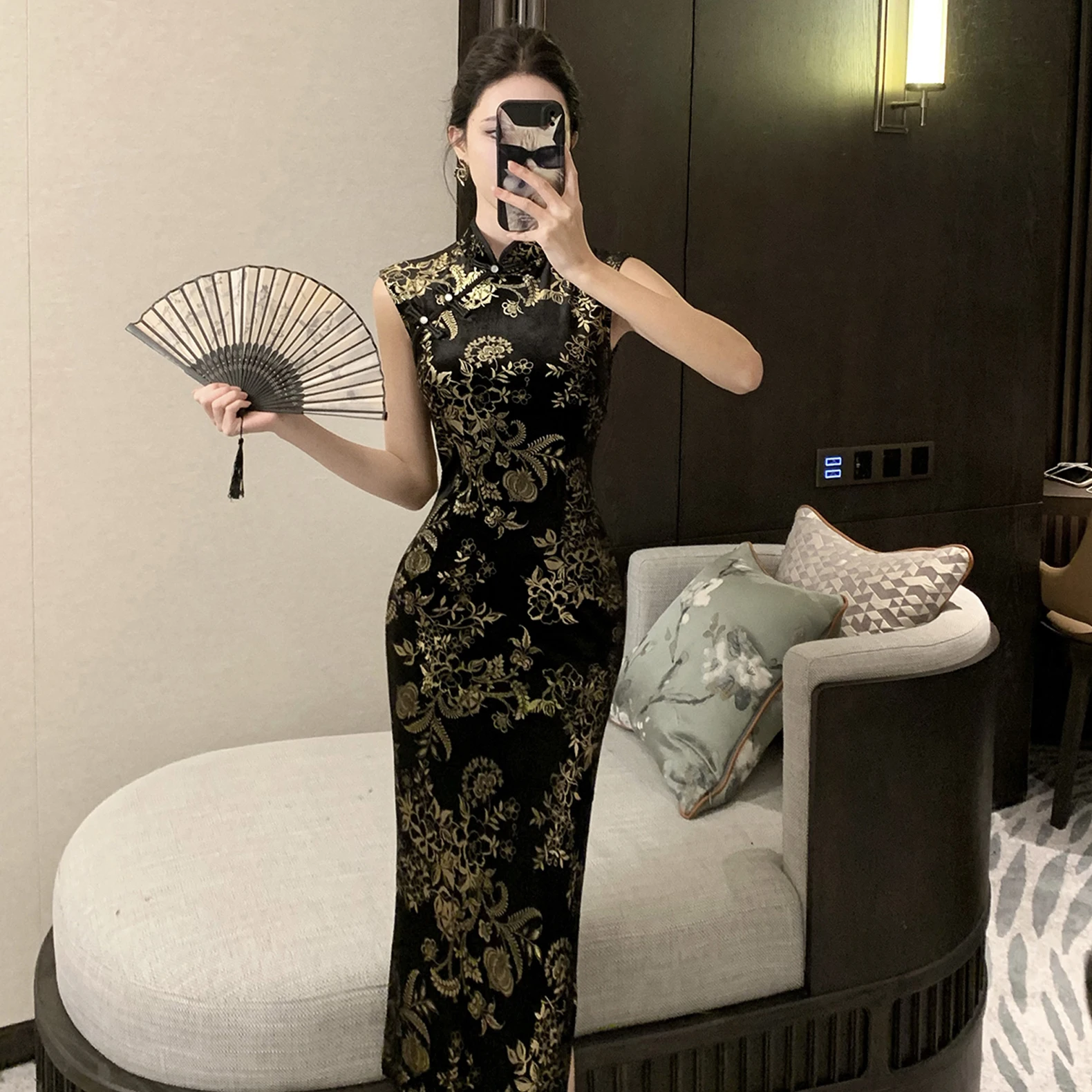 Ele Velvet Retro Qipao Dr Slimming No-Sve فتحة عالية متوسطة الطول للنساء في 20s و30s Sle الصينية